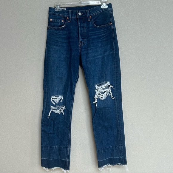 Levi’s 501 Women’s Distressed Button Fly Straight Leg Jeans Dark Blue Raw Hem 26 - Picture 1 of 9